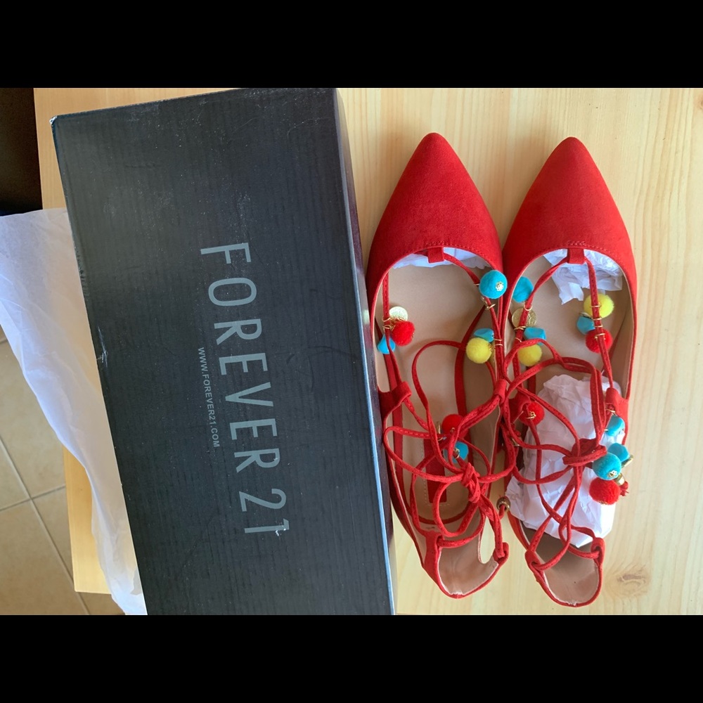 Red Faux Suede Lace-up flats with Pom Poms - Picture 7 of 7
